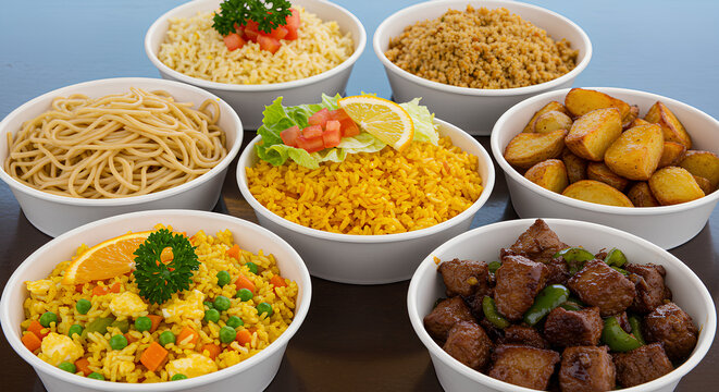 Marmitex variados com arroz, batatas, carne, macarr&atilde;o e legumes sobre mesa de madeira, comida caseira colorida, apetitosa e ideal para refei&ccedil;&otilde;es completas.

