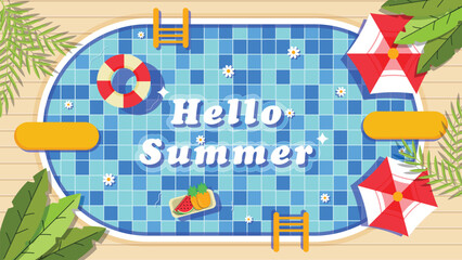 Hello Summer Swimming Pool Top View Vector Illustration for Background