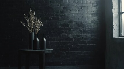 Dark, moody interior with vases and dried flowers