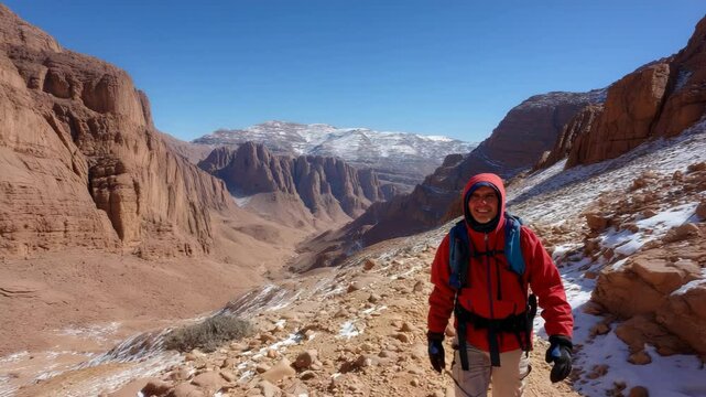 Male trekker enjoys a beautiful day hiking through the rocky Todra Gorge with snow-covered mountains under clear blue sky, outdoors adventure
