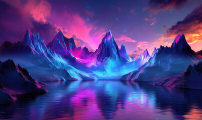 Obraz premium Vibrant surreal mountain landscape with colorful reflections in tranquil lake.