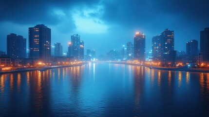 Fototapeta premium Nighttime cityscape with illuminated buildings reflecting on a river
