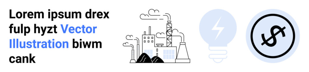 Factory emitting smoke, light bulb symbolizing energy, and dollar sign suggesting finance. Ideal for business, energy, environment, industry, economy, sustainability simple landing page