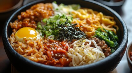 Delicious korean bibimbap rice bowl with egg and vegetables eat soy food meal dish lunch asian spicy
