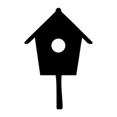 Simple black and white birdhouse silhouette with a circular entry point