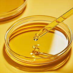 Macro science experiment pipette surfaceTop view macro shot of chemical dropper injects oil into clear fluid in one of three petri dishes on yellow background Abstract skin care cosme : Generative ...