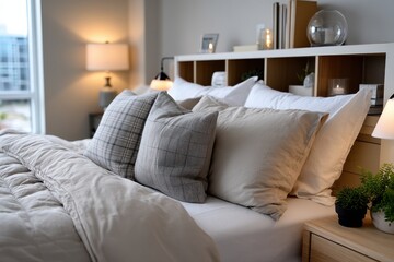 A serene and inviting bedroom featuring soft pillows, ambient lighting, and a stylish headboard, perfect for relaxation and comfort in a modern home setting.