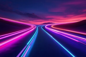 Neon Road with Pink & Blue Glowing Lights on Night Sky, Futuristic, Dark Landscape
