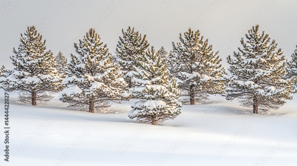 Poster charming row of small trees blanketed in fresh snow creating a delightful winter scene against a cle