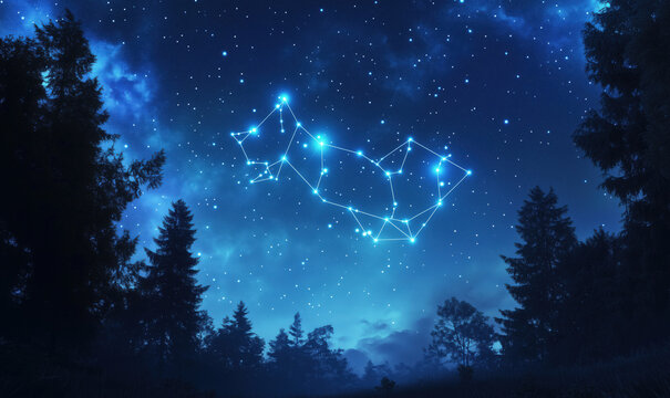 Constellation of Ursa Major Illuminated in Night Sky Over Forest Landscape.