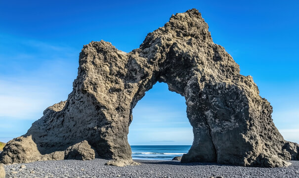 Natural rock arch formation on beach with ocean view and clear blue sky.