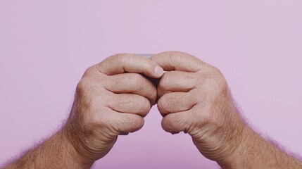 Fototapeta premium Close-up of hands holding a small object. Hands are clenched around a thin, gray item against a soft pink background