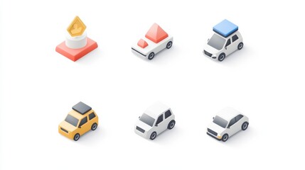 Collection of Isometric 3D Car Icons and Traffic Signs in Modern Minimalist Style