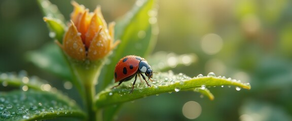 Naklejka premium Ladybug perched on dew-kissed leaf with blooming flower bud in morning light, highlighting nature's beauty