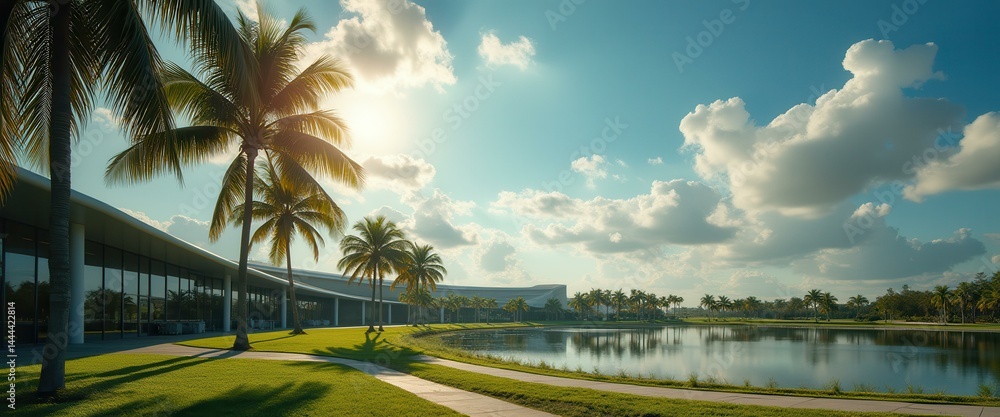 Poster modern building facade with palm trees reflecting in lake under sunny sky