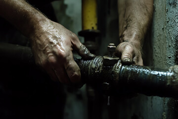 Hands Working on a Leaking Industrial Pipe