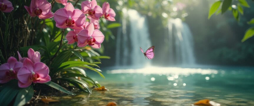 Tropical oasis with pink orchids and a butterfly, cascading waterfall backdrop, tranquility, nature's beauty, serene turquoise pool