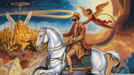 Happy Islamic New Year Illustration with Camel Rider and Mosque Silhouettes