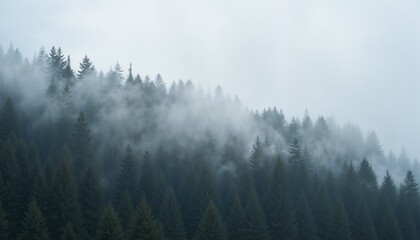 Foggy forest landscape with evergreen trees on a misty day
