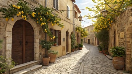 Fototapeta premium Charming Italian Village Street Scene with Lemon Trees and Stone Buildings