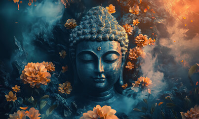 Buddha statue surrounded by vibrant flowers and mystical atmosphere.