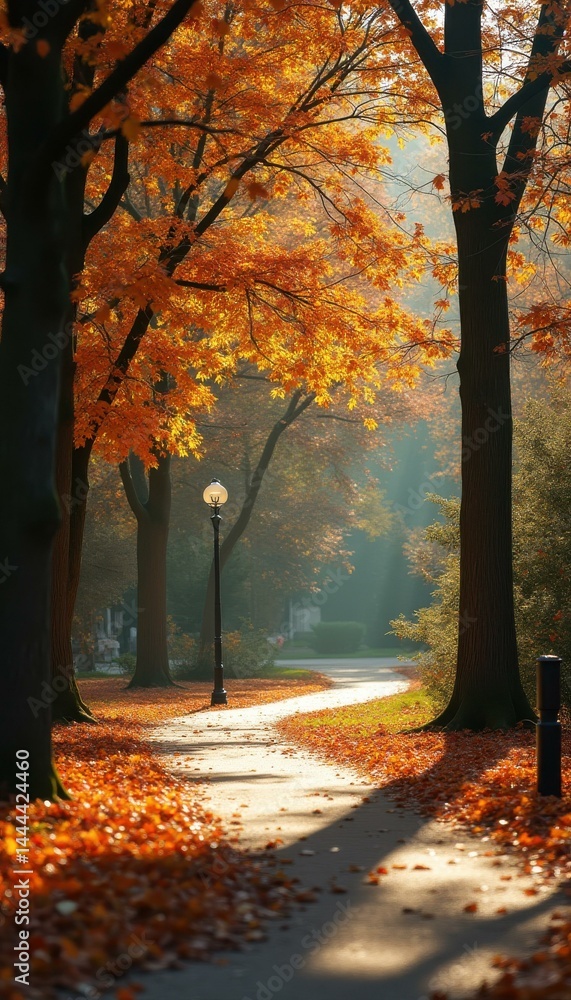 Aufkleber Autumn path in a park lined with trees in orange foliage with a lamp post casting long shadows.
