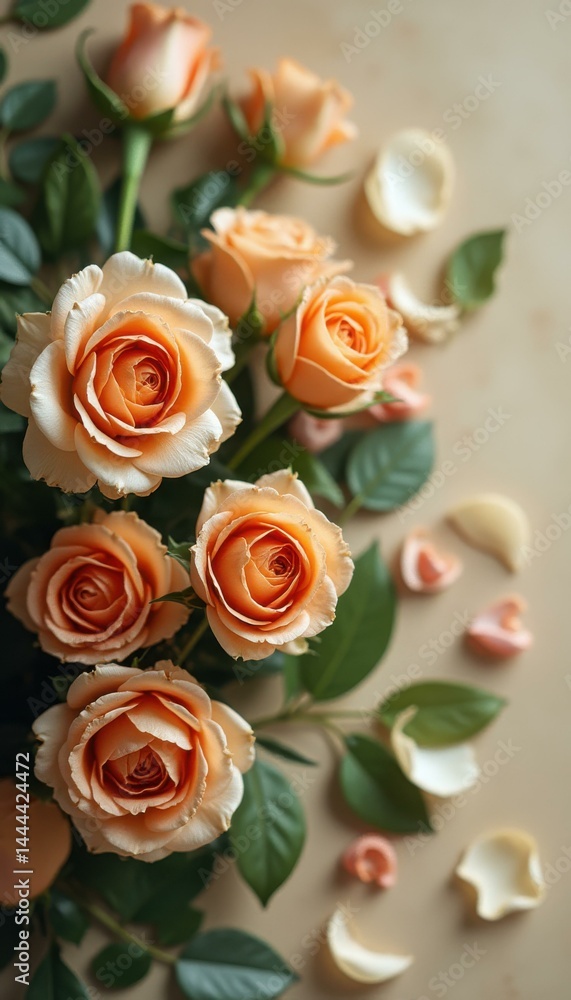 Poster captivating peach roses and fallen petals form an elegant floral arrangement on a cream-colored surf