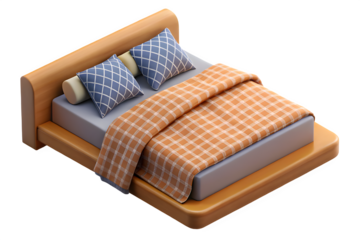 Top view of double bed with headboard and blanket, isolated on white background.