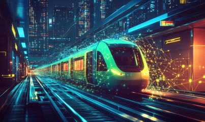 Fototapeta premium Futuristic train in neon cityscape with digital connections and vibrant lights.