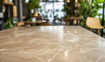 Cafe table top, light beige marble, blurred interior