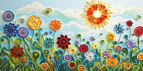 Colorful quilled flowers and sun against a blue sky with clouds in vibrant design.