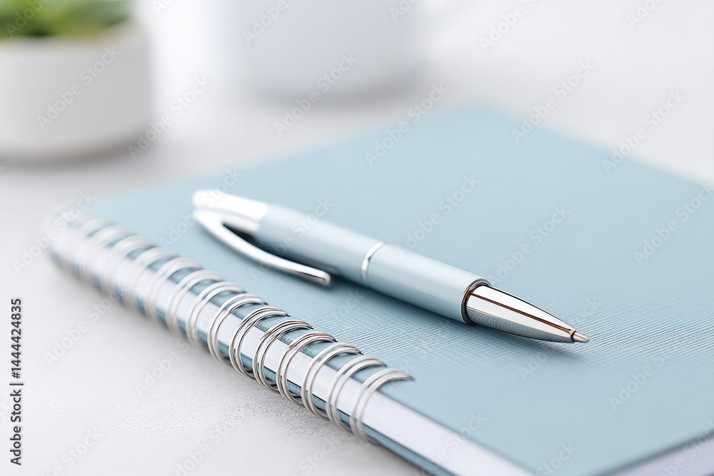 Poster close-up of minimalist desk setup with sleek notebook and stylish pen resting on it
