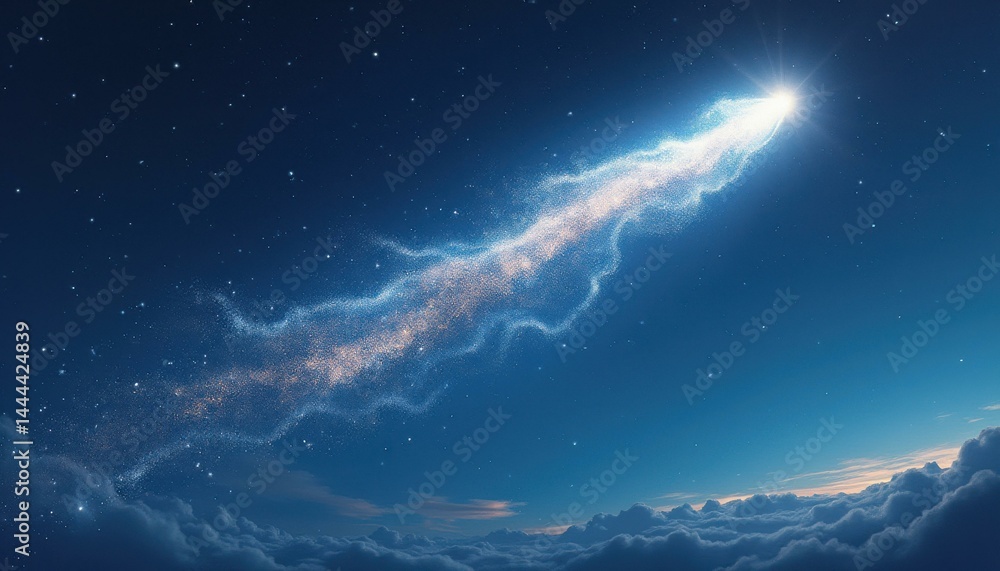 Poster Luminous celestial phenomenon streaks through a dark starry sky over a sea of clouds in a surreal atmosphere