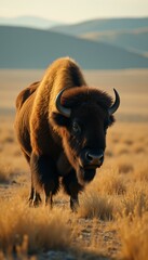 Majestic Bison Grazing in the Golden Sunlight of a Wide Open Grassland, its Fur Glowing in the Warm Light