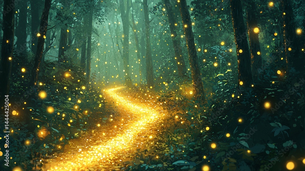 Aufkleber whimsical path through a golden forest illuminated by fireflies creating a magical and dreamy atmosp