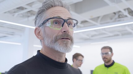 Fototapeta premium Engineer wearing augmented reality glasses in modern workspace