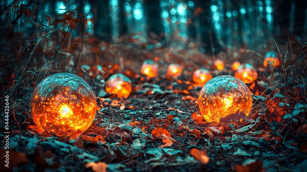 Poster surreal dreamlike forest scene filled with numerous glowing balls of energy creating a mystical and 