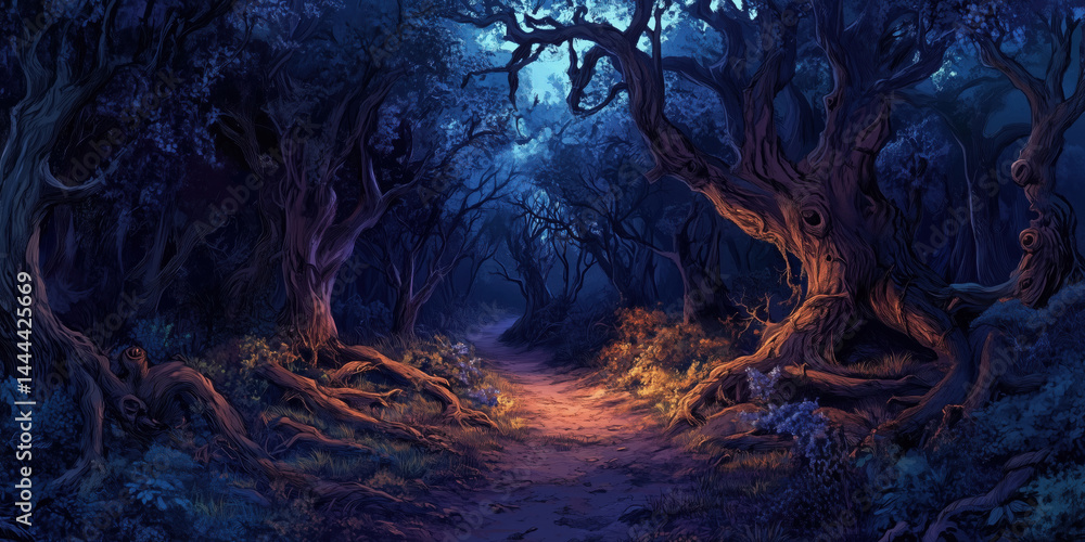 Poster mysterious enchanted forest path illuminated by soft light and shadows.