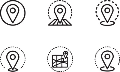 Set of 6 outline icons related to mapping, navigation, apps, website, standard, ping, location, GPS and more. Linear icon collection. Editable stroke line art. Vector illustration.
