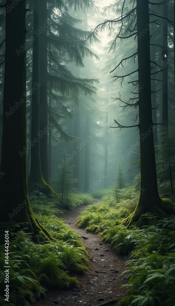 Poster Ethereal forest path lined with ferns and moss under a canopy of towering trees shrouded in mist