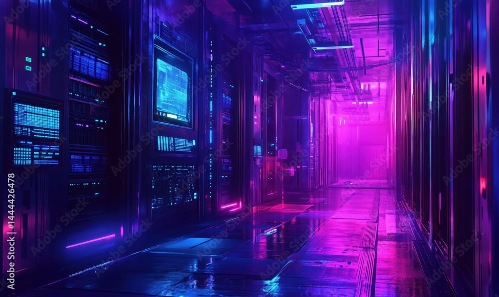 Aufkleber futuristic data center corridor illuminated with neon lights and high-tech displays.