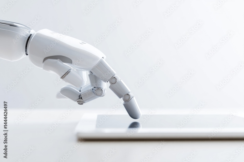 Poster close-up of robotic hand reaching for digital tablet on white desk emphasizing automation in commerc