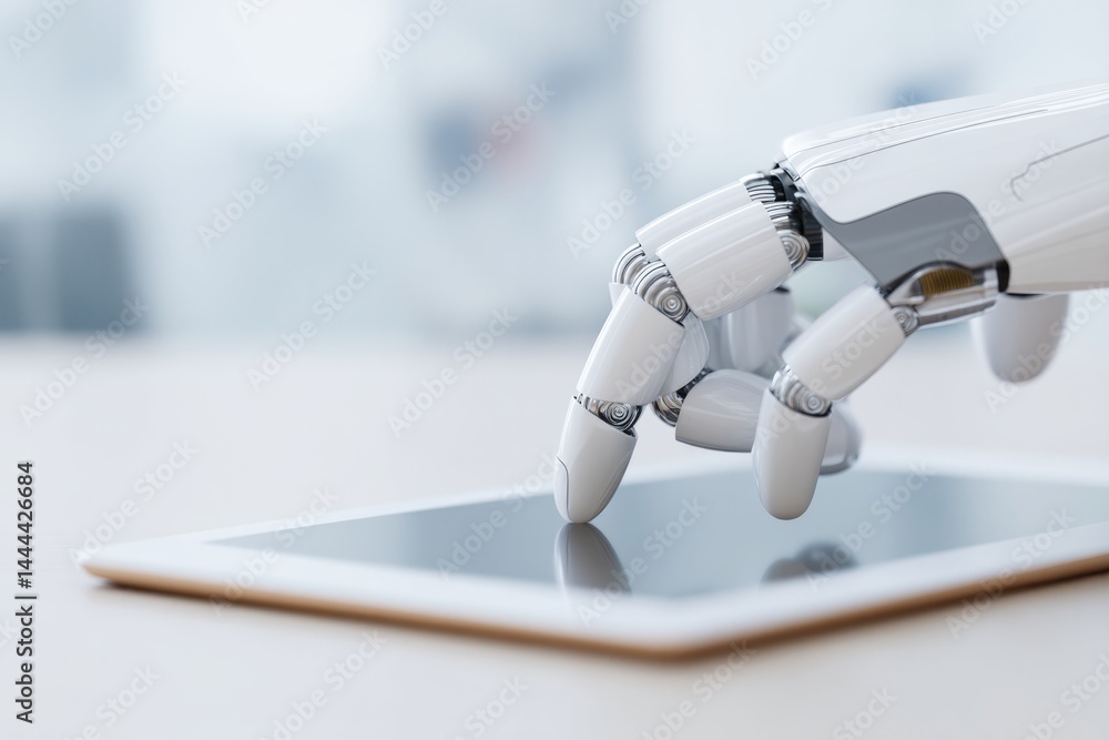 Poster close-up of robotic hand reaching for digital tablet on white desk emphasizing automation in commerc