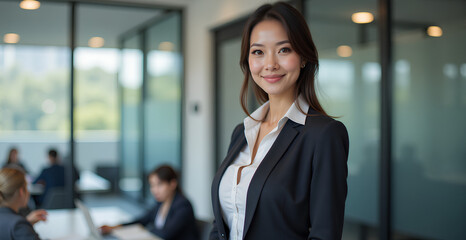 Obraz premium Portrait of a professional woman in a suit standing in a modern office. Mature business woman looking at the camera in a workplace meeting area 
