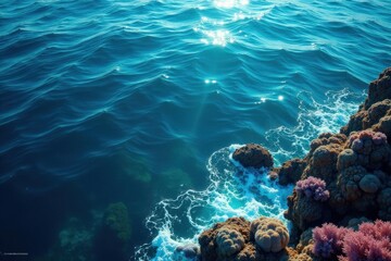 Obraz premium Dark blue ocean surface with waves gently lapping against coral reefs, sea, dark blue, marine life