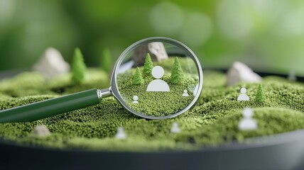 Talent Acquisition: Magnifying Glass on Miniature People in a Green Landscape talent acquisition job