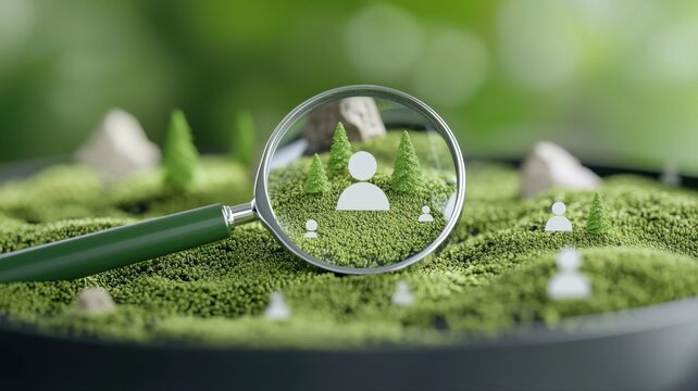 Talent Acquisition: Magnifying Glass on Miniature People in a Green Landscape talent acquisition job