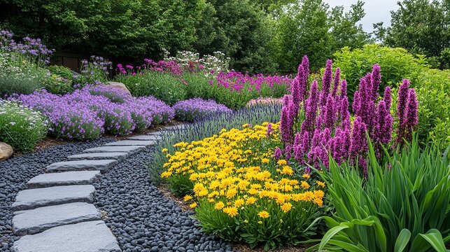 Vibrant summer garden path with blooming flowers and gravel rock stone image flora green plants