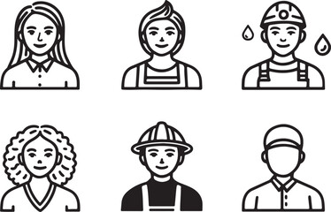 Set of 6 outline icons related to people, abilities, genders, passion, work and more. Linear icon collection. Editable stroke line art. Vector illustration.