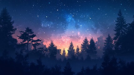Silhouetted forest at twilight under a starry night sky.